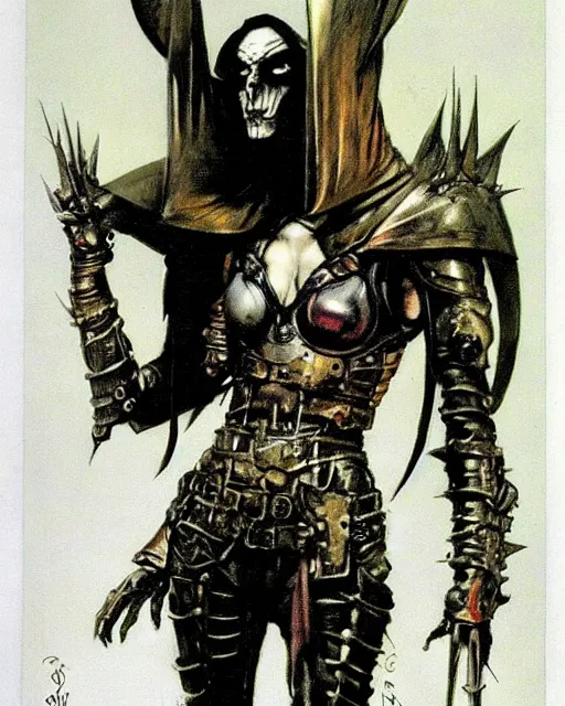 Prompt: portrait of an androgynous skinny bauhaus goth sorcerer wearing armor by simon bisley, john blance, frank frazetta, fantasy