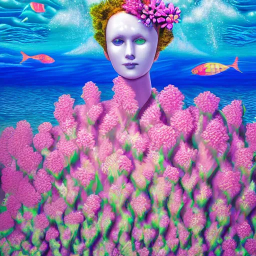 Prompt: surreal ocean, sea, water, pool, checkerboard pattern, award winning masterpiece with incredible details, a surreal vaporwave vaporwave vaporwave vaporwave vaporwave painting by Thomas Cole of an old pink mannequin head with light beaming out of its eyes, flowers growing out of its head, sinking underwater, ocean waves, highly detailed, shocking