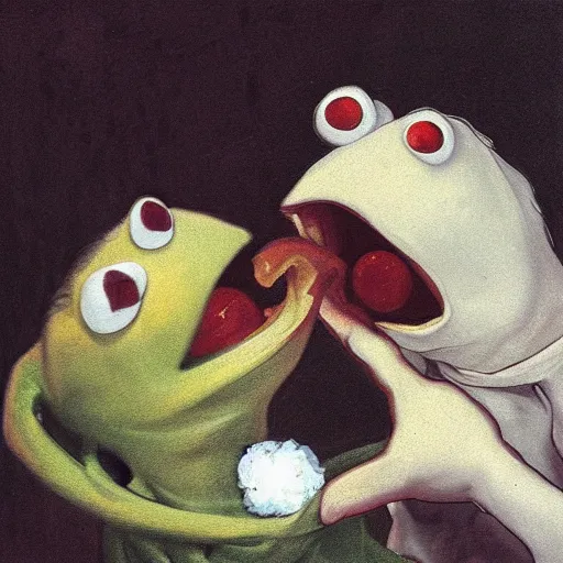 Image similar to “Kermit the Frog Devouring His Son” by Francisco Goya, in the style of “Saturn Devouring His Song”, fresco, horror