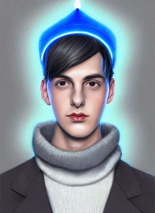 Image similar to portrait of teenage jughead jones wearing a light grey crown, crown, blue turtleneck, 1 9 5 0 s, closed eyes, photorealistic, black hair, glowing lighting, intricate, elegant, glowing lights, highly detailed, digital painting, artstation, concept art, smooth, sharp focus, illustration, art by wlop, mars ravelo and greg rutkowski