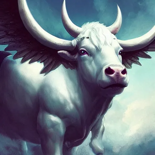 Image similar to a white bull with angelic wings, epic fantasy digital art, fantasy style art, by Greg Rutkowski, fantasy hearthstone card art style