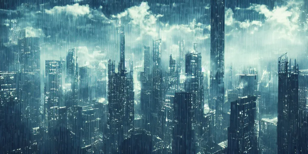 Prompt: analog photo of high skyscrapers, bladerunner style, high detailed clouds in background, rain, unreal engine