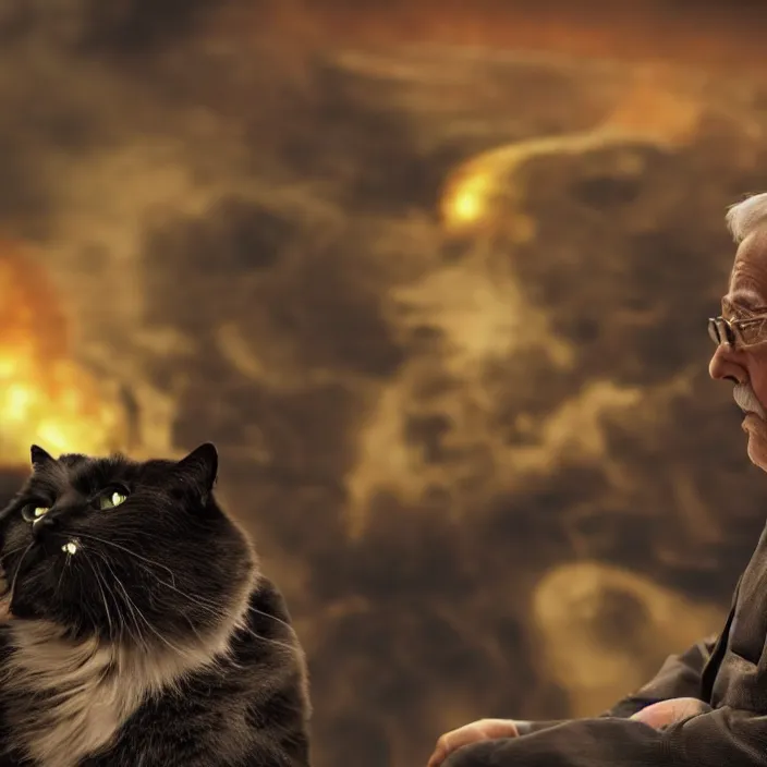 Image similar to cinematic movie close up shot, background blur bokeh, old man sitting with black cat watching nuke explosion close up!, world ending nuke, 4 k