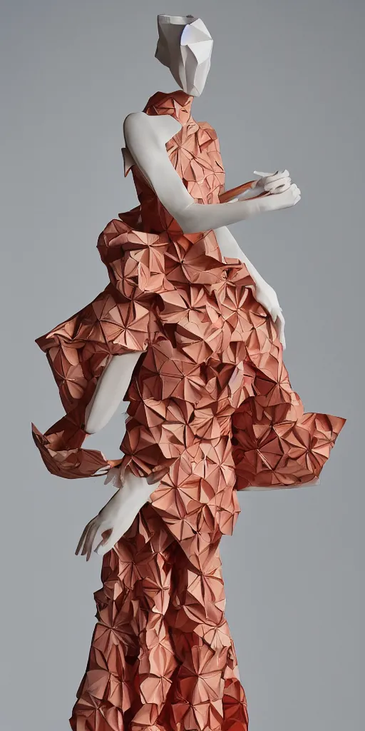 Prompt: portrait of a beautiful ceramic female tiger model wearing sakura and peach ( ( origami themed paper flower ) ) and metallic molded shaped gown, haute couture by issey miyake