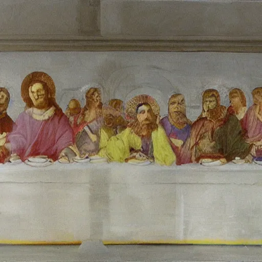 Image similar to last supper, drawn by a 5 year old detailed, sketh