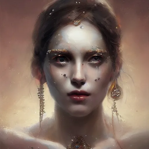 Prompt: a woman with pearls replacing eyes and glittering skin, a detailed painting by greg rutkowski and raymond swanland, featured on cgsociety, fantasy art, detailed painting, artstation hd, photorealistic