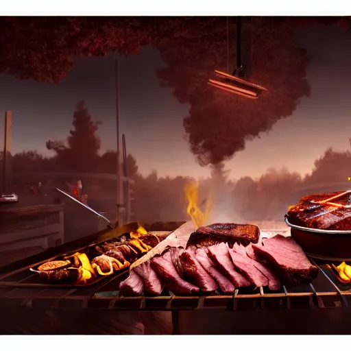 Image similar to asado argentino, highly detailed digital matte painting, smoked meat inside the barbacue, award painting, volumetric ligth, trending on artstation, 4 k,