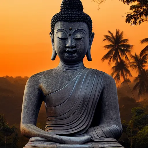 Prompt: a beautifully detailed wide angle oil painting of a sitting thai buddha statue in front of a thai temple with a gorgeous sunrise, by thawan duchanee and jatuporn traisuwan, trending on artstation