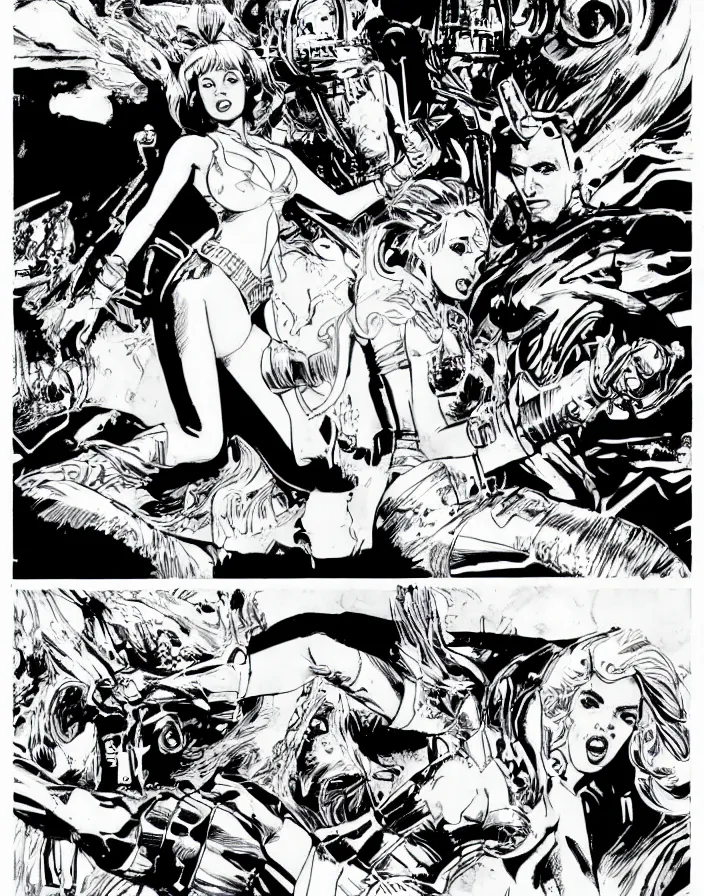 Prompt: comic page, one panel, kylie minogue as barbarella, exploring an alien planet. drawn by pablo marcos. b & w. black and white.