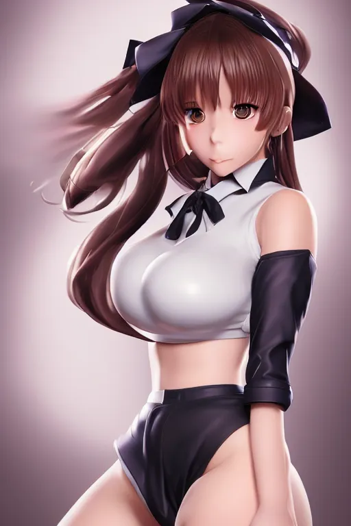 Image similar to photorealistic 3 d render of of an impossibly curvy anime girl wearing a schoolgirl outfit, by artgerm and earl norem, featured on pixiv, booru, exaggerated proportions, high resolution digital art, 4 k, beautiful symmetric face, subsurface scattering, volumetric lighting, realistic skin texture
