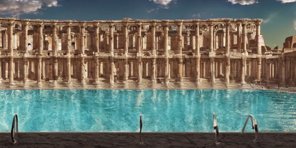 Prompt: a detailed photorealistic picture of an elegant pool in ancient Rome, shot in wide angle, photorealistic lighting, ultra detailed