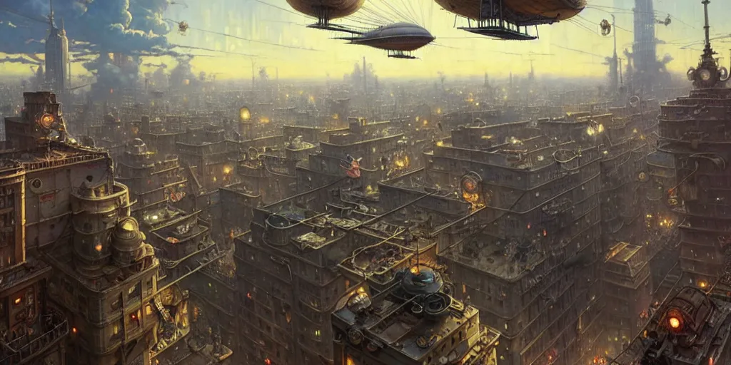 Image similar to steampunk airship above a busy city, exquisite details, denoised, mid view, by norman rockwell, karl kopinski, artsation, greg rutkowski, makoto shinkai, takashi takeuchi, studio ghibli