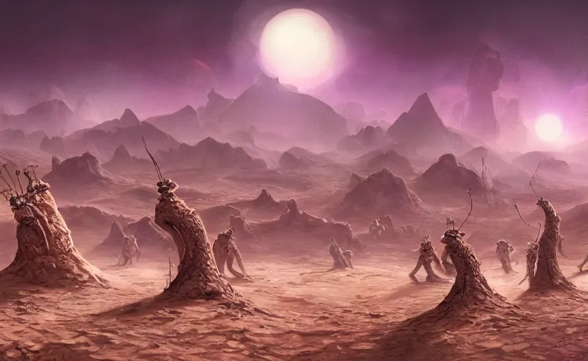 Image similar to matte painting of ant aliens in a desert, science fiction art, elaborate, detailed digital art, trending in artstation, purple color lighting