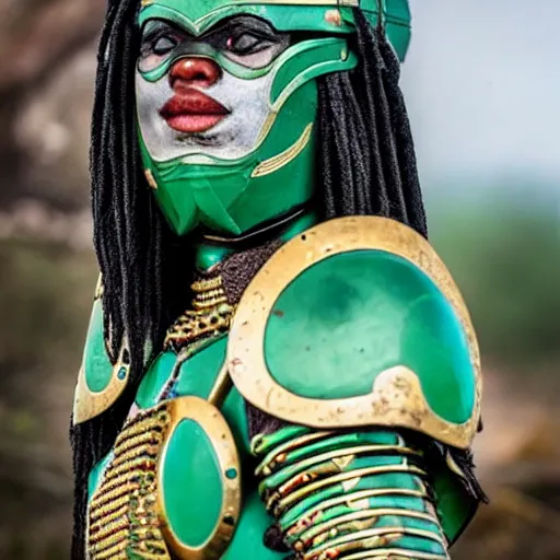 Prompt: photo of a female warrior with malachite armour