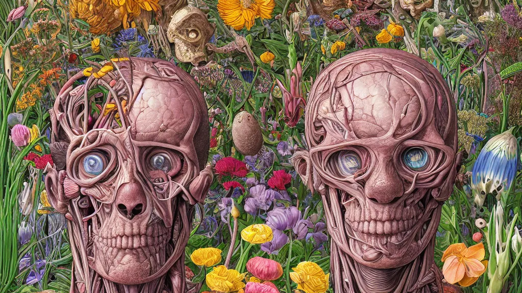 Image similar to highly detailed illustration of a human anatomy head surrounded by all the known species of flowers by juan gatti, by moebius!!, by oliver vernon, by gottfried bammes, by joseph moncada, by damon soule, by manabu ikeda, by kyle hotz, by dan mumford, by kilian eng