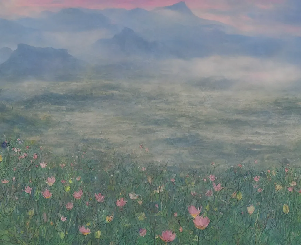 Prompt: a landscape pastel in the style of noriyoshi ohrai of a field of lotus flowers, glowing with iridescent mana. some misty mountains in the background. key art. 4 k retrofuturistic fantasy