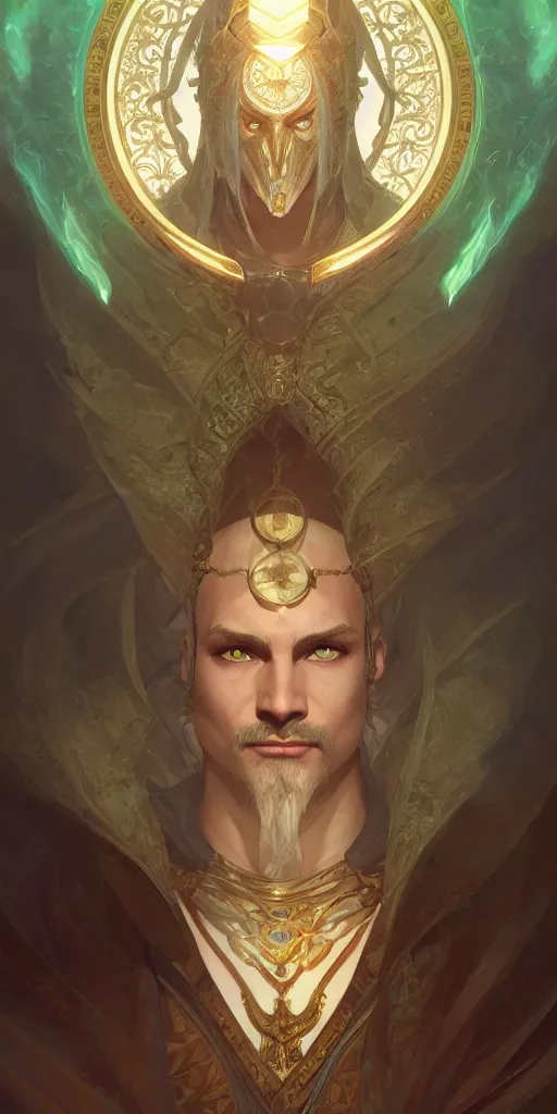 Image similar to sinister male mage, viscount, ancient, sand, emerald, magic, intricate, highly detailed, digital painting, artstation, concept art, smooth, sharp focus, illustration, Unreal Engine 5, 8K, art by artgerm and greg rutkowski and alphonse mucha