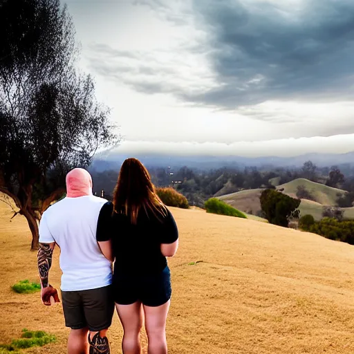 Image similar to portrait of a young chunky bald white male tattoos and his young white female brown hair wife with tattoos. male is wearing a white t - shirt, tan shorts, white long socks. female is has long brown hair and a lot of tattoos. photo taken from behind them overlooking the field with a goat pen. rolling hills in the background of california and a partly cloudy sky