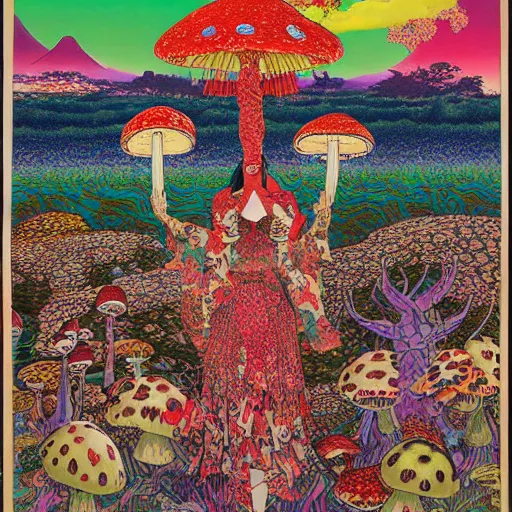 Image similar to a japanese psychedelic love goddess, a sense of awe, offering mushrooms, illustration, slime, amanita - muscaria, insanely detailed and intricate, hypermaximalist, elegant, ornate, hyper realistic, super detailed, by tadanori yokoo