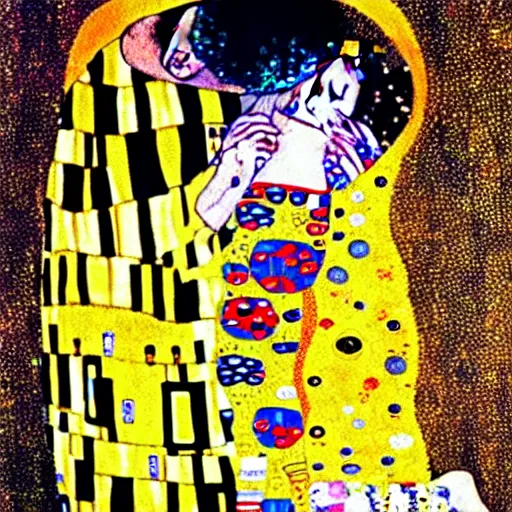 Image similar to The Kiss painting by Gustav Klimt with Pepe Le Pew kissing