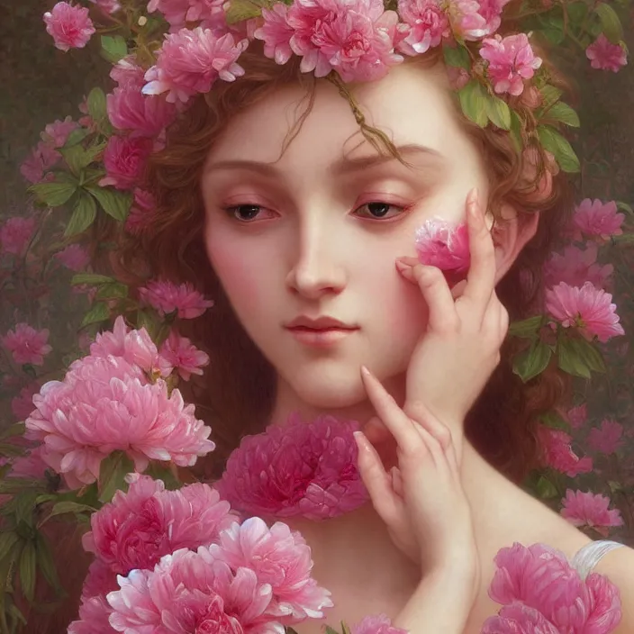 Image similar to pink petals with a ahape of a wonderful goddess, intricate, elegant, highly detailed, wonderful eyes, sweet, digital painting, artstation, concept art, smooth, sharp focus, illustration, art by artgerm and greg rutkowski and alphonse mucha and william - adolphe bouguereau