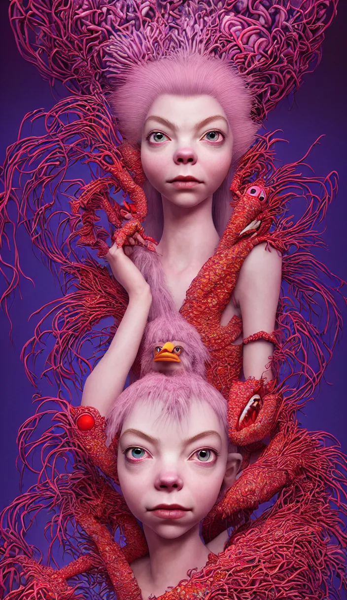 Prompt: hyper detailed 3d render like a Oil painting - kawaii portrait Aurora (a beautiful skeksis muppet queen from dark crystal that looks like Anya Taylor-Joy from the neck up) seen red carpet photoshoot in UVIVF posing in scaly dress to Eat of the Strangling network of yellowcake aerochrome and milky Fruit and His delicate Hands hold of gossamer polyp blossoms bring iridescent fungal flowers whose spores black the foolish stars by Jacek Yerka, Ilya Kuvshinov, Mariusz Lewandowski, Houdini algorithmic generative render, Abstract brush strokes, Masterpiece, Edward Hopper and James Gilleard, Zdzislaw Beksinski, Mark Ryden, Wolfgang Lettl, hints of Yayoi Kasuma, octane render, 8k