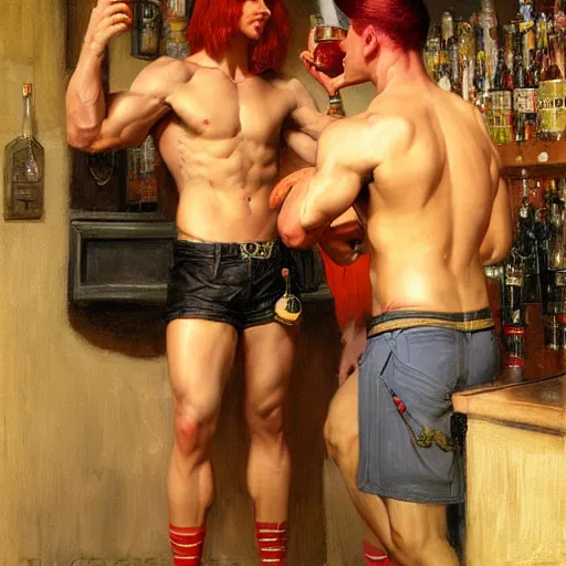 Image similar to attractive muscular male with red hair, shorts, and muscular attractive male with black hair, pants, drinking their hearts out, in a pub. very defined and highly detailed painting by j. c. leyendecker, gaston bussiere, craig mullins 8 k