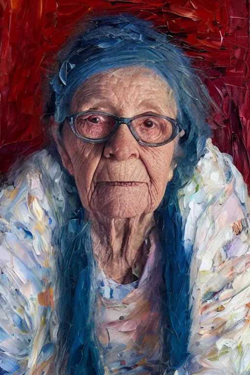 Image similar to palette knife oil painting portrait of rosina leckermaul, an elderly woman who is in a deep state of depression, extreme detail, artstation trending, grandma, blue, artgerm, any racial background, deviant art, octane, substance, art history 8 k