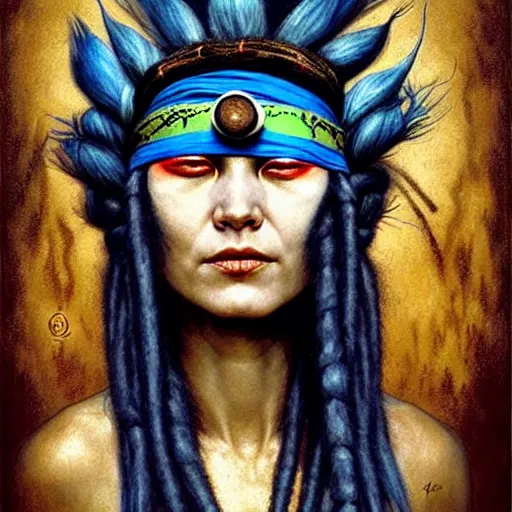 Image similar to A young blindfolded shaman woman with a decorated headband, in the style of heilung, blue hair dreadlocks and wood on her head., made by karol bak