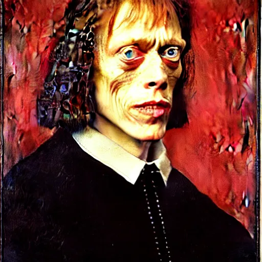 Image similar to portrait of the son of elon willem dafoe steve buscemi, oil painting by jan van eyck, northern renaissance art, oil on canvas, wet - on - wet technique, realistic, expressive emotions, intricate textures, illusionistic detail