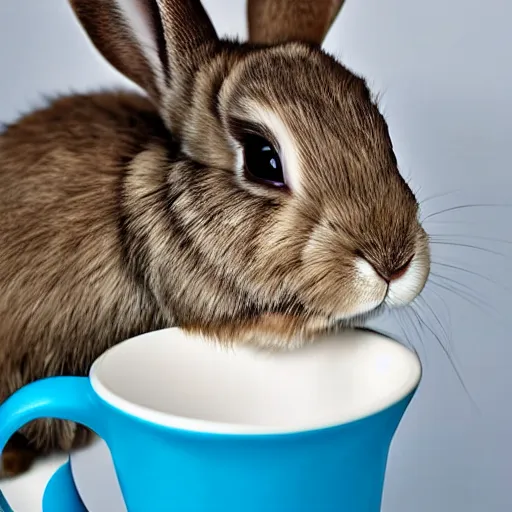 Prompt: a bunny sitting on a cup, photograph, realistic