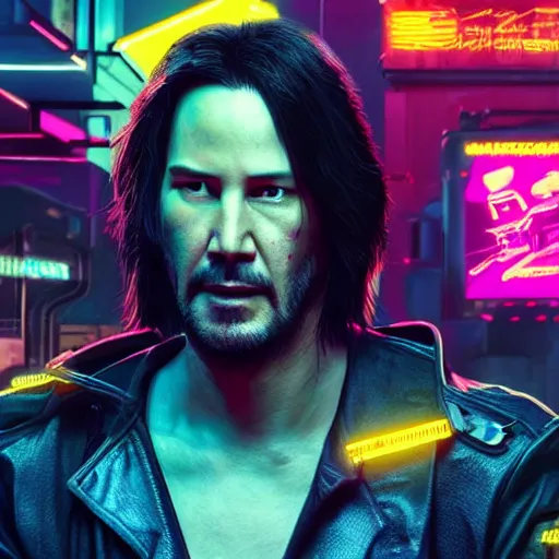 Image similar to Keanu Reeves on neon street in Cyberpunk 2077 Game, synthwave, artstation art, night, professional light