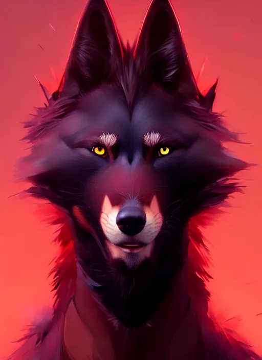 Image similar to award winning portrait of a male anthropomorphic black wolf long red hair. character design by cory loftis, fenghua zhong, ryohei hase, ismail inceoglu and ruan jia. artstation, artistic lighting, highly detailed, photorealistic, fantasy