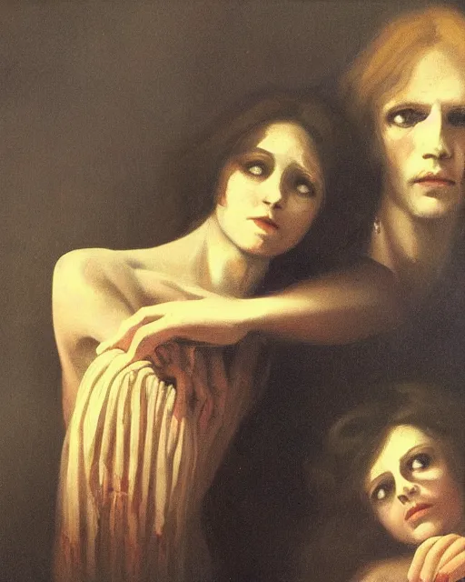 Prompt: a beautiful and eerie baroque painting of a brother and sister who are beautiful but creepy, wearing pale linen, with haunted eyes and dark hair, 1 9 7 0 s, seventies, wallpaper, a little blood, morning light showing injuries, delicate embellishments, painterly, offset printing technique, by brom, robert henri, walter popp