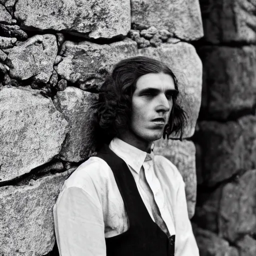 Image similar to 4K photograph of a panicked dishevelled slender young man with long hair in 1930s apparel backed against a stone wall trying to protect himself. Dramatic lighting