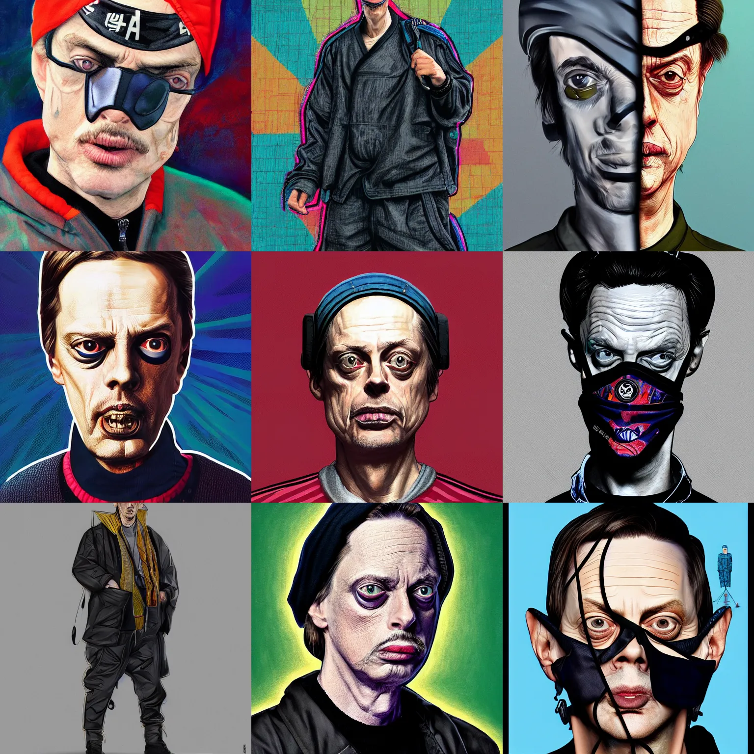 Prompt: a detailed portrait of a fashionable ninja steve buscemi wearing a cyberpunk gopnik adidas outfit the style of william blake and norman rockwell, kubrick, rembrandt, crisp, vibrant color scheme, crisp, artstationhd