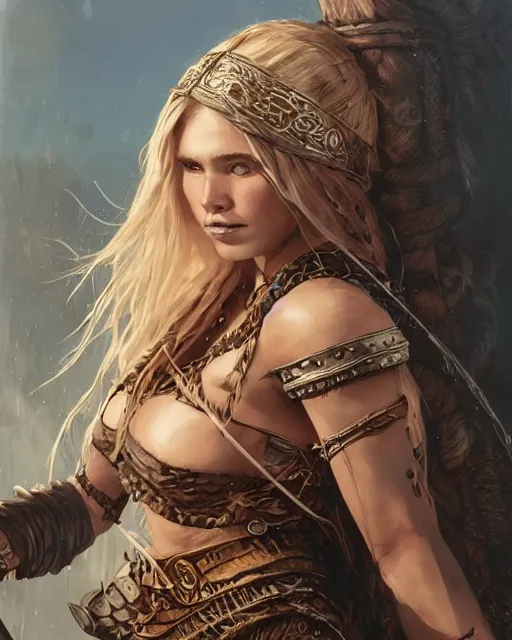 Image similar to A beautiful viking female warrior posing on a boat, bikini, perfect face, beautiful face, highly detailed face, close-up, fantasy woman, fantasy art, in the style of greg rutkowski, illustration, epic, fantasy, intricate, hyper detailed, artstation, concept art, smooth, sharp focus, ray tracing, profile shot