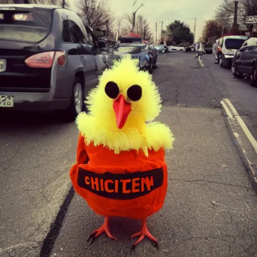 Image similar to cute chicken dressed as an inmate, campau mike style