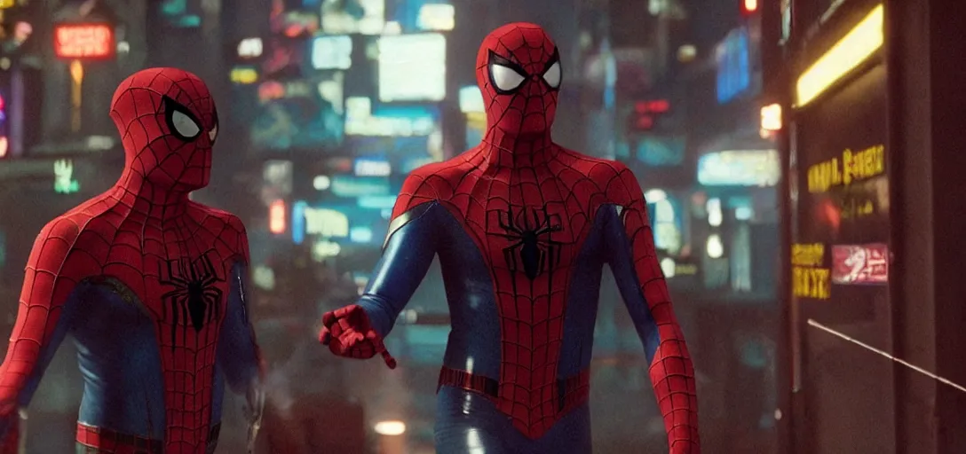 Image similar to a film still from a gritty cyberpunk 2 0 0 0 s james cameron movie about spider - man. realism, cinematic lighting, 4 k. 8 mm. grainy. panavision.