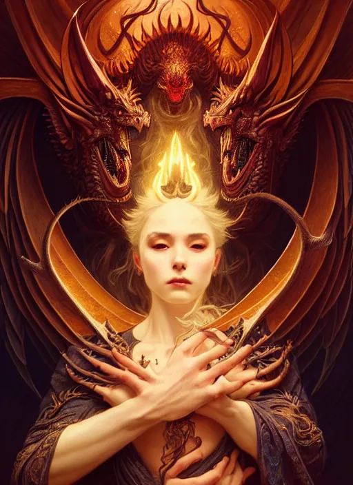 Prompt: a beautiful cd album cover of a satanic sorcerer taming a dragon, intricate, sharp focus, illustration, highly detailed, digital painting, concept art, matte, art by WLOP and Artgerm and Greg Rutkowski and Alphonse Mucha, masterpiece