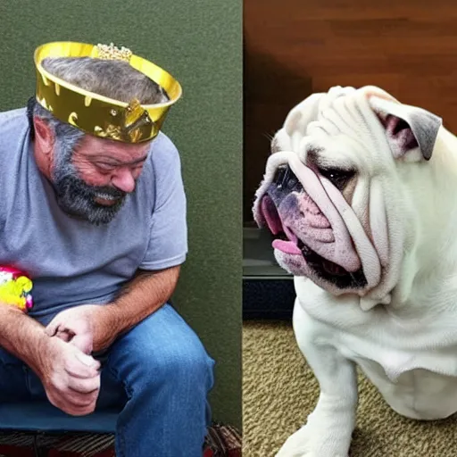 Prompt: Buddy the graying middle aged homeless man playing xbox and petting an english bulldog wearing a crown, dog wearing a crown