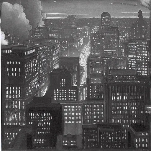 Image similar to muted color photorealistc painting of a nightmarish boston downtown in 1 9 2 5 skyline at night, aerial view, dark, brooding, night, atmospheric, horror, cosmic, ultra - realistic, smooth, highly detailed