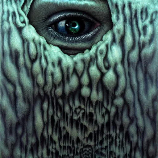 Image similar to dramatic portrait painting of woman with large crying eyes with black mandelbrot fractal instead of face, in style of zdzisław beksinski, horror, body horror, dark, disturbing,