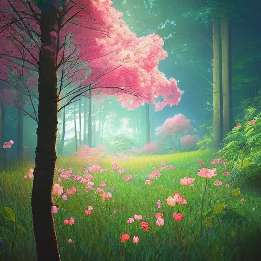 Image similar to “A beautiful painting of a forest in summer, wild roses in distance, sunlight, detailed, light effect, Trending on artstation, by beeple, Makoto Shinkai”