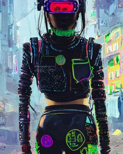 Image similar to detailed portrait neon guard girl with goggles seen from the back, cyberpunk futuristic, reflective puffer jacket, black leggings, decorated with traditional ornaments in front of a dystopian street with piles of garbage by ismail inceoglu dragan bibin hans thoma, perfect face, fine details, realistic shaded, fine - face, pretty face