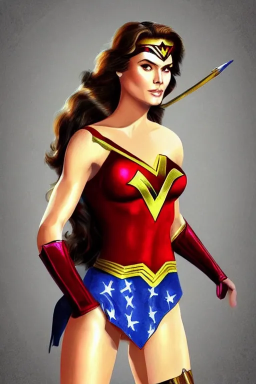 Image similar to portrait of a mix of beautiful young maria shriver, mariel hemmingway, brooke shields and elle macpherson as wonderwoman, thin lips, hair tied up in a pony tail, colorful artstation, cgsociety