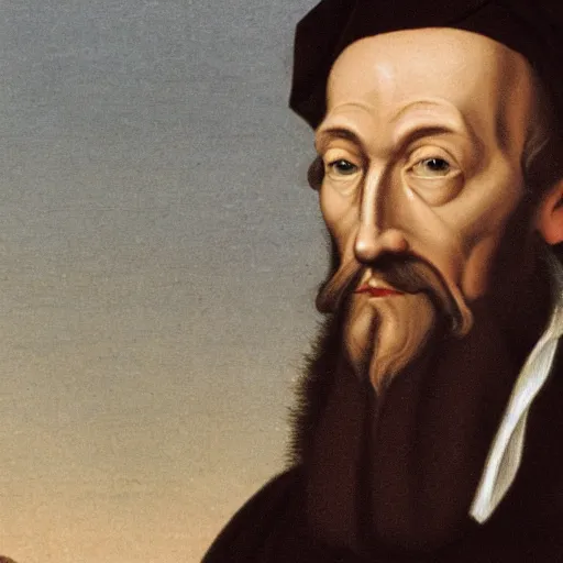 Prompt: theologian john calvin as a cyborg, resembles a robot, metal surface