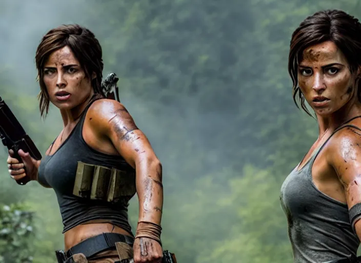 Image similar to film still of!!!! chloe bennett!!! as lara croft in new tomb raider movie, 8 k