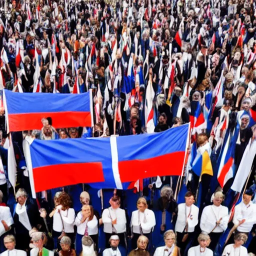 Image similar to a group of people, one from each country in europe, each holding the flag of their country