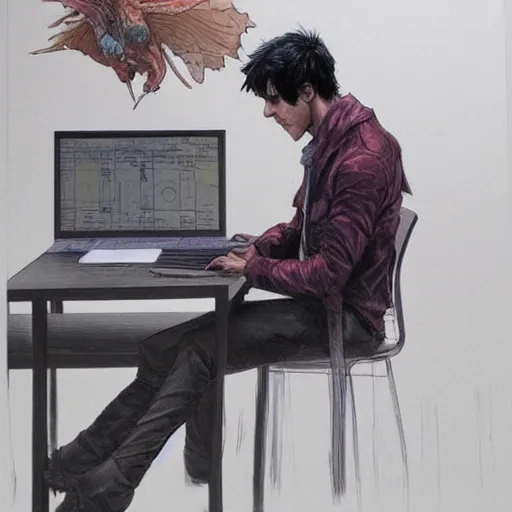 Image similar to a beautiful artwork of a young male scientist with black hair sitting at a desk with a laptop by Jerome Opeña, featured on artstation